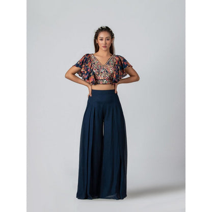 Suruchi Parakh Womens Navy Blue Floral Print Crop Top and Palazzo (Set of 2)