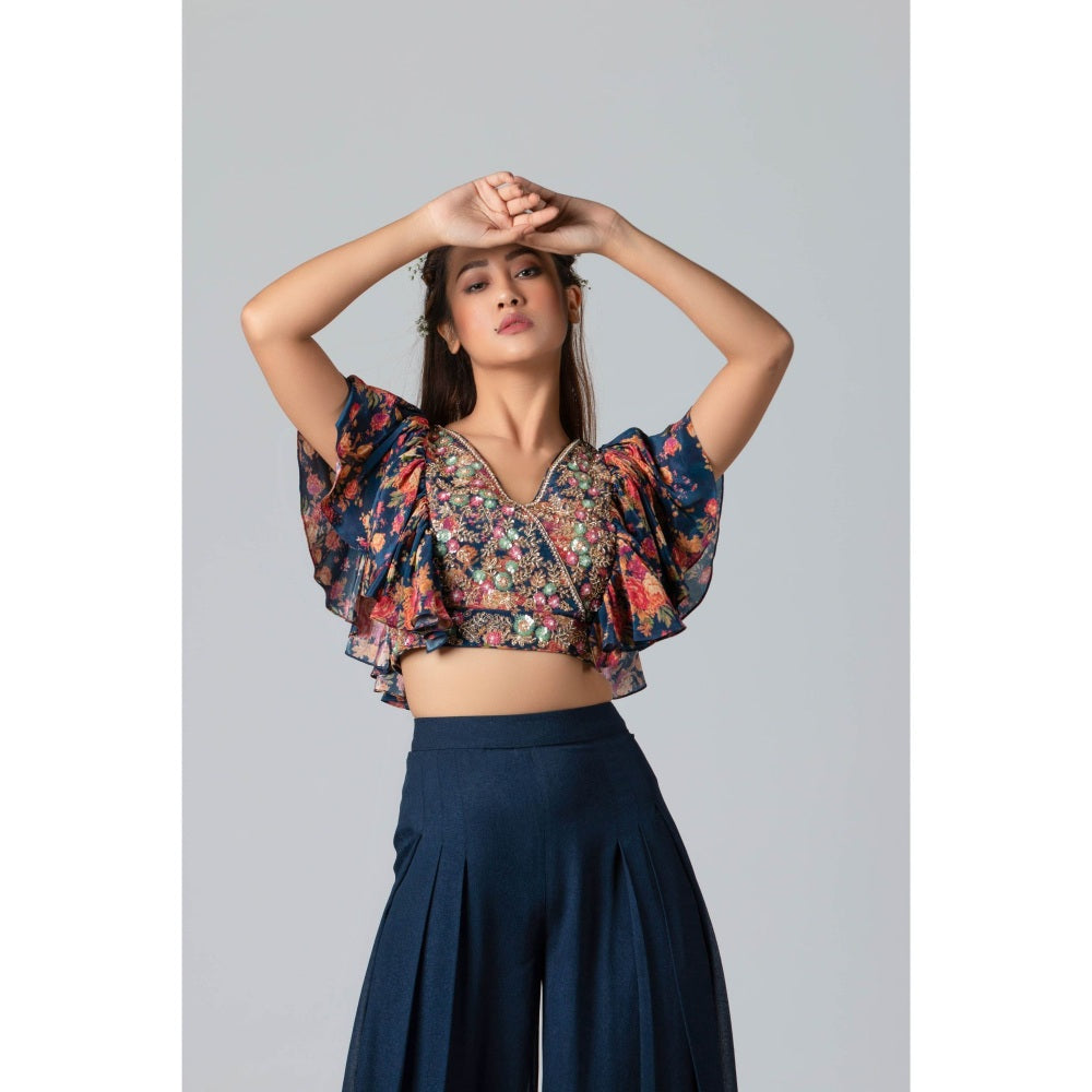 Suruchi Parakh Womens Navy Blue Floral Print Crop Top and Palazzo (Set of 2)