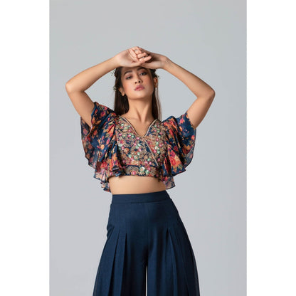 Suruchi Parakh Womens Navy Blue Floral Print Crop Top and Palazzo (Set of 2)