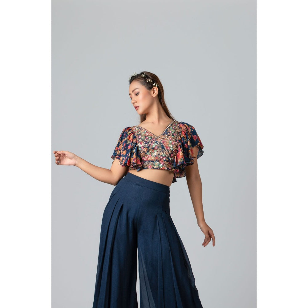 Suruchi Parakh Womens Navy Blue Floral Print Crop Top and Palazzo (Set of 2)