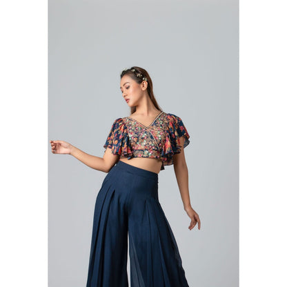 Suruchi Parakh Womens Navy Blue Floral Print Crop Top and Palazzo (Set of 2)