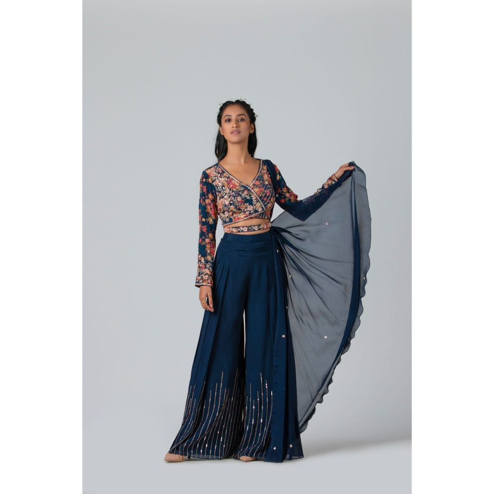 Suruchi Parakh Navy Blue Womens Embellished Blouse with Palazzo and Dupatta (Set of 3)