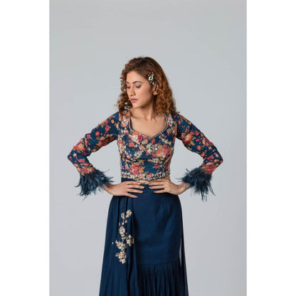 Suruchi Parakh Womens Navy Blue Embellished Top and Skirt (Set of 2)