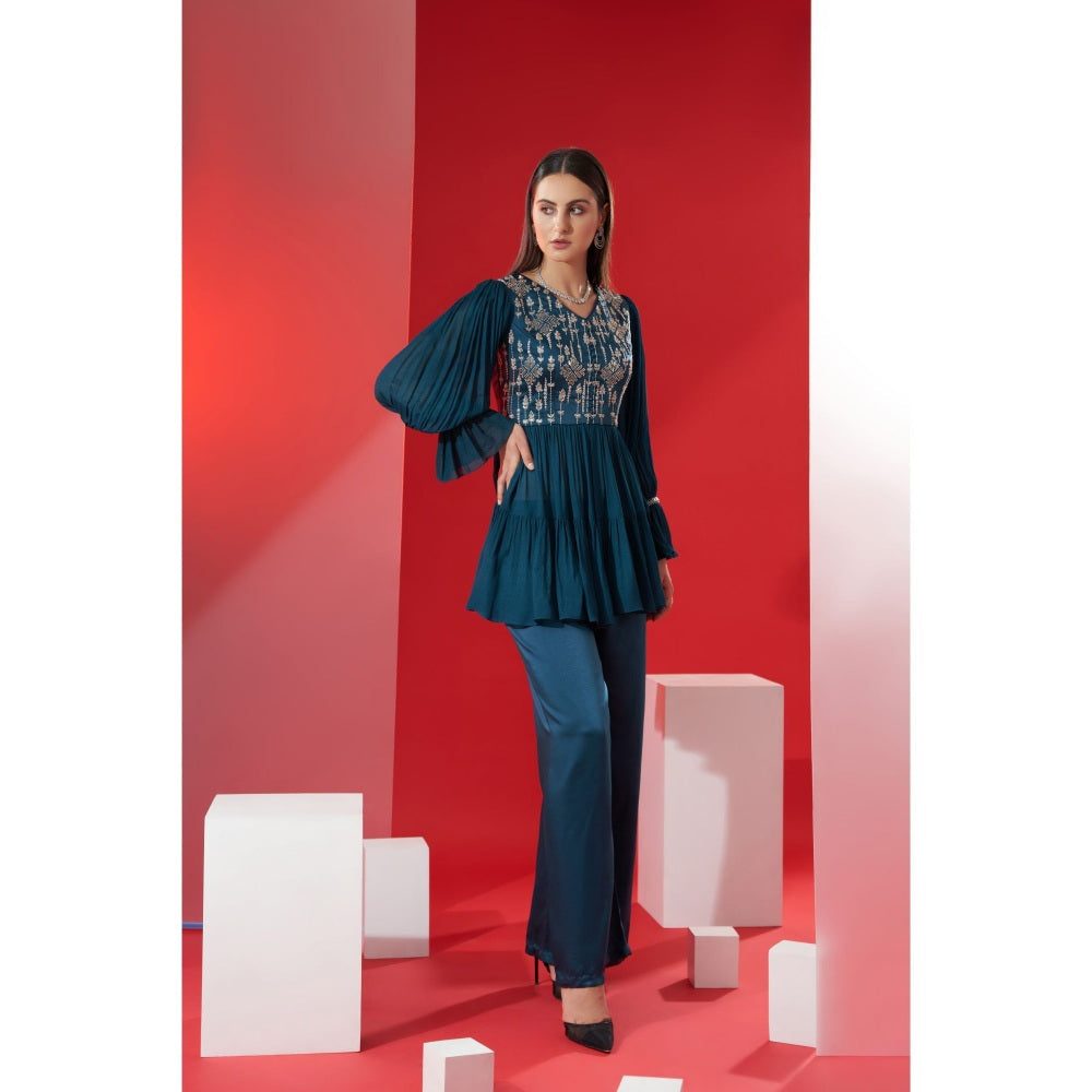 Suruchi Parakh Womens Teal Embellished V Neck Co-ord (Set of 2)