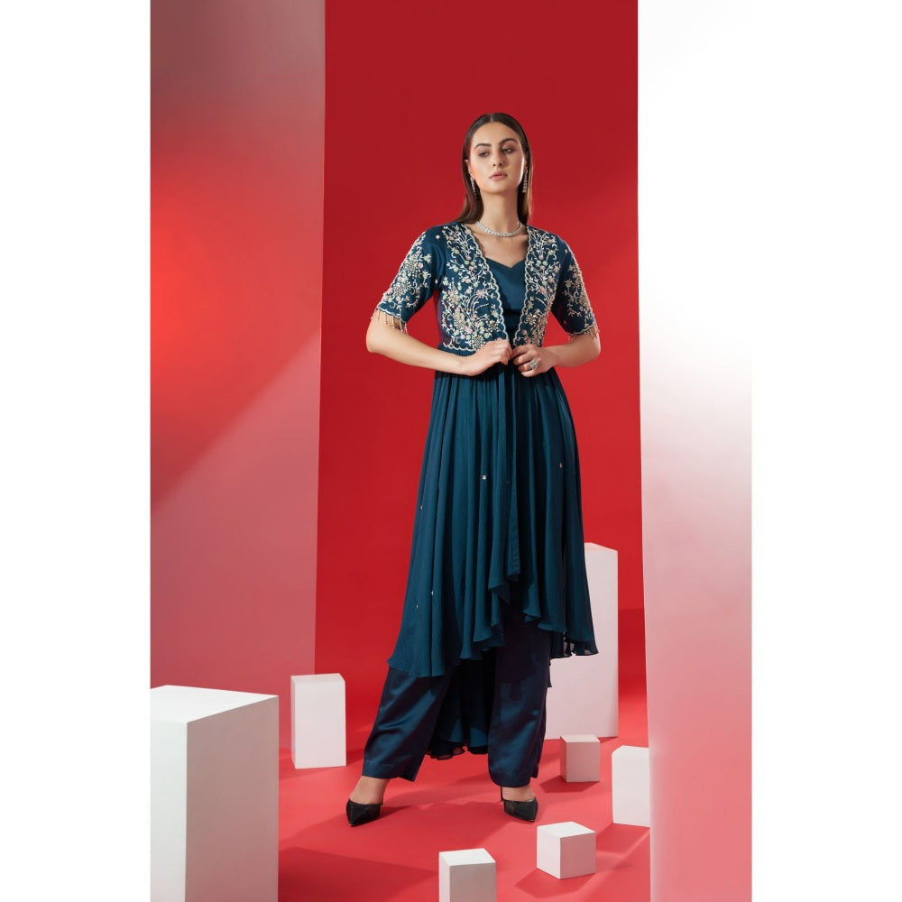 Suruchi Parakh Womens Teal Embellished Jacket with Bustier and Pant (Set of 3)