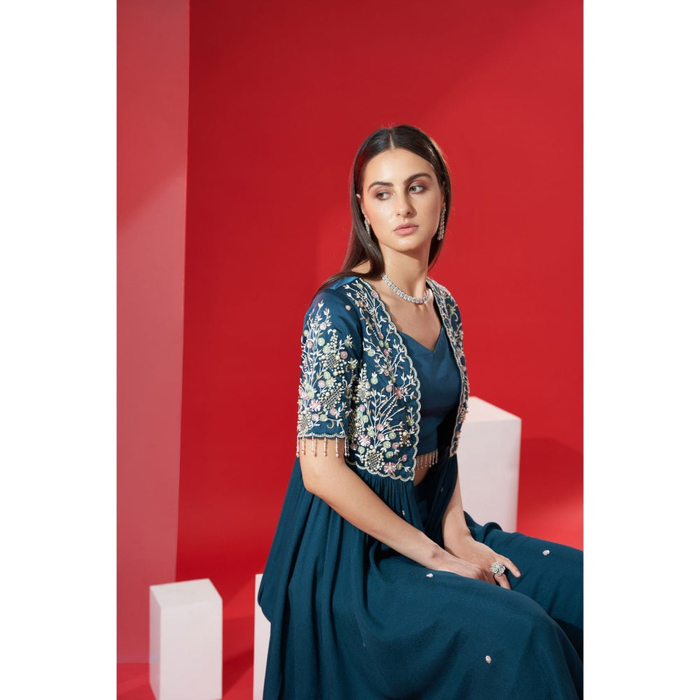 Suruchi Parakh Womens Teal Embellished Jacket with Bustier and Pant (Set of 3)