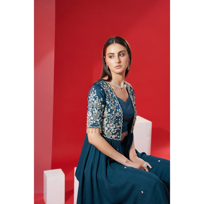 Suruchi Parakh Womens Teal Embellished Jacket with Bustier and Pant (Set of 3)