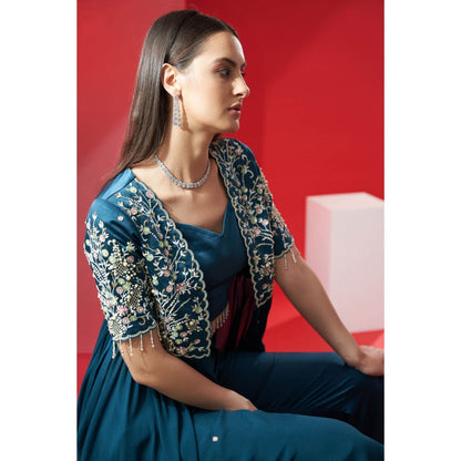 Suruchi Parakh Womens Teal Embellished Jacket with Bustier and Pant (Set of 3)