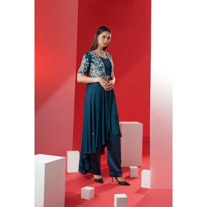 Suruchi Parakh Womens Teal Embellished Jacket with Bustier and Pant (Set of 3)