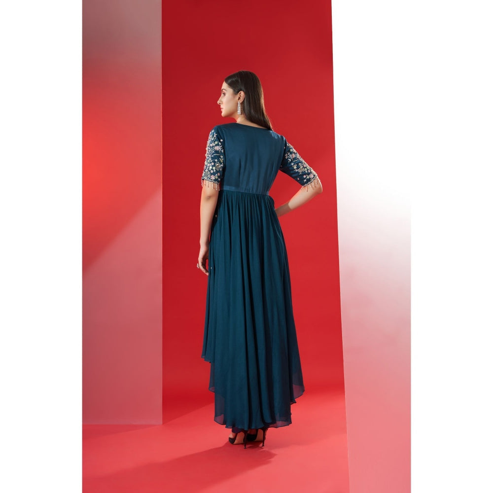 Suruchi Parakh Womens Teal Embellished Jacket with Bustier and Pant (Set of 3)