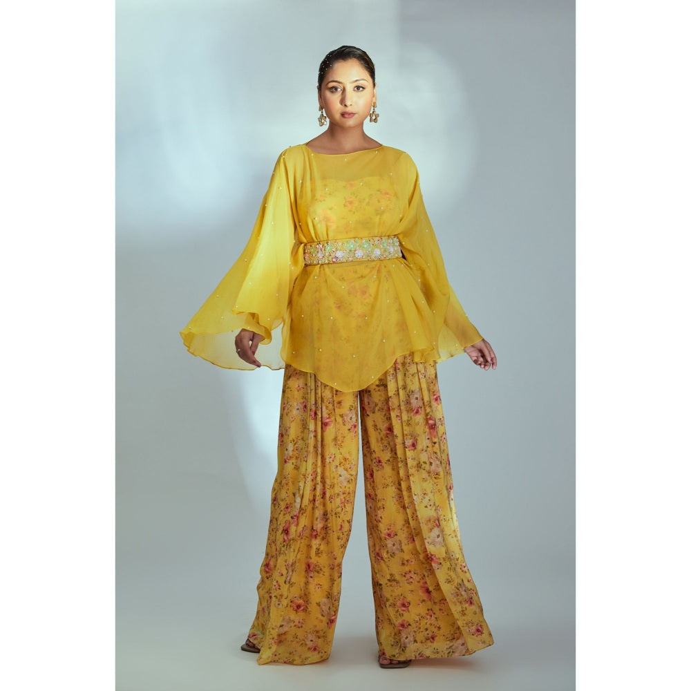 Suruchi Parakh Womens Yellow Floral Print Crop Top and Palazzo Belt (Set of 4)