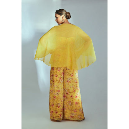 Suruchi Parakh Womens Yellow Floral Print Crop Top and Palazzo Belt (Set of 4)