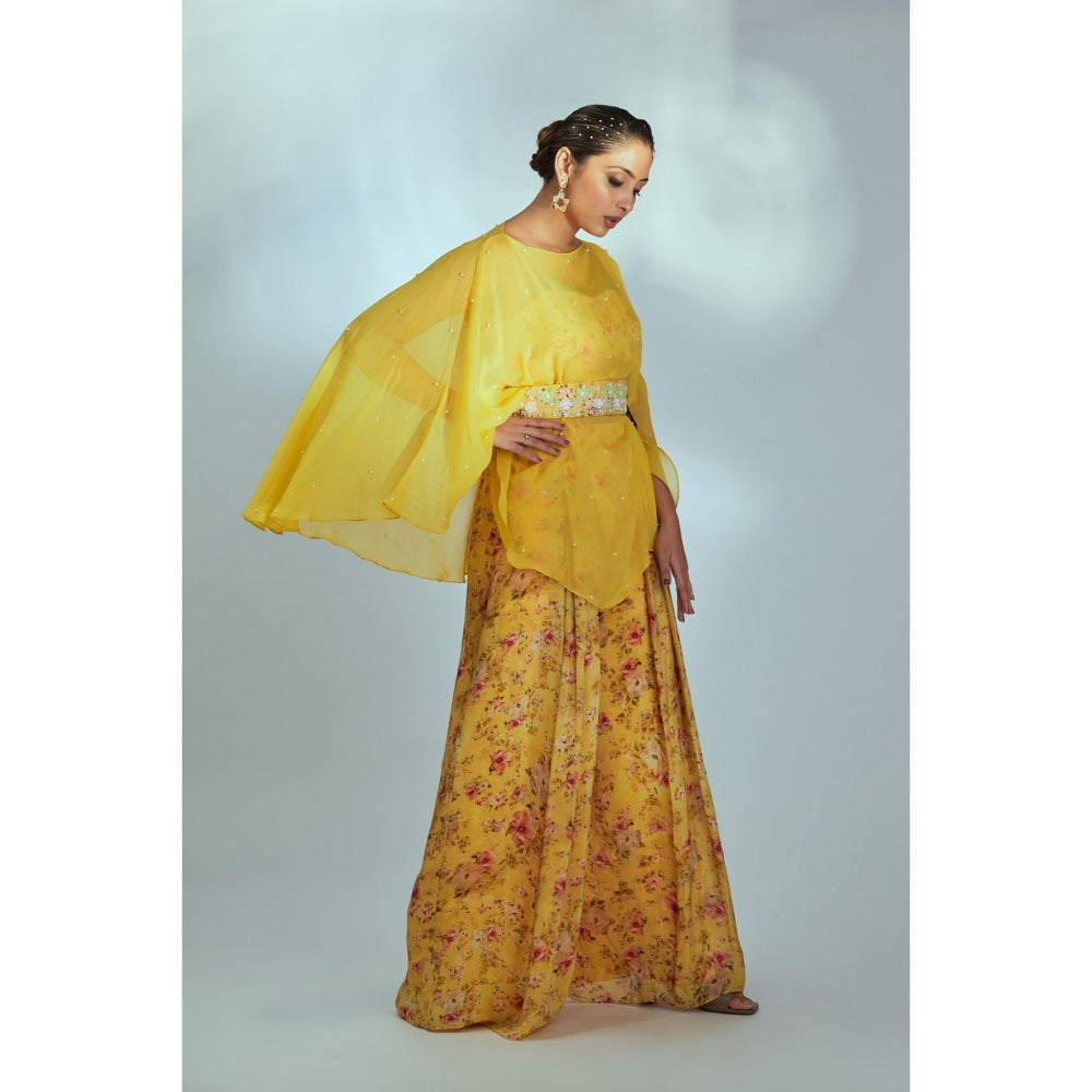 Suruchi Parakh Womens Yellow Floral Print Crop Top and Palazzo Belt (Set of 4)
