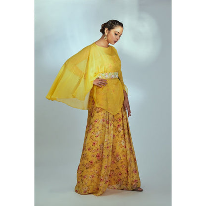Suruchi Parakh Womens Yellow Floral Print Crop Top and Palazzo Belt (Set of 4)