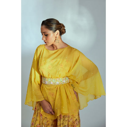 Suruchi Parakh Womens Yellow Floral Print Crop Top and Palazzo Belt (Set of 4)