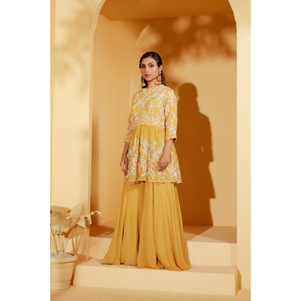 Suruchi Parakh Womens Yellow Embellished Peplum Top and Palazzo (Set of 2)