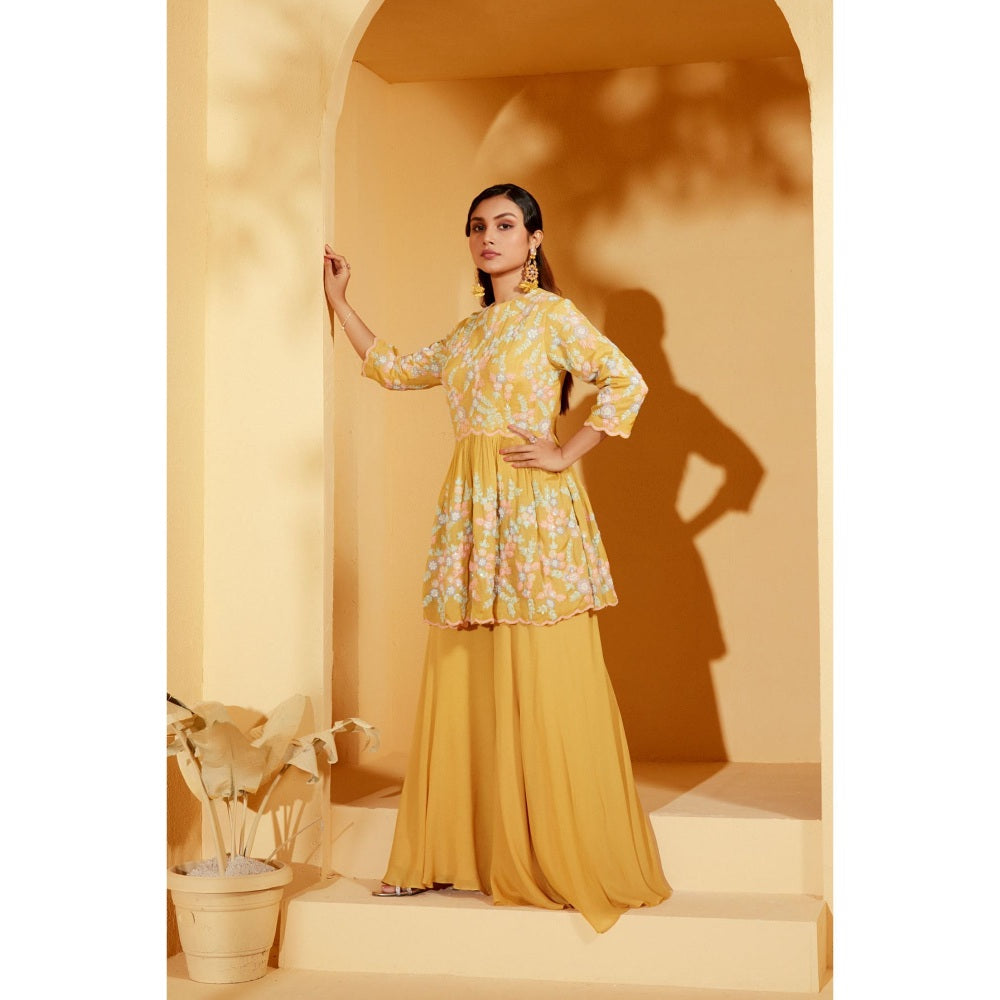 Suruchi Parakh Womens Yellow Embellished Peplum Top and Palazzo (Set of 2)