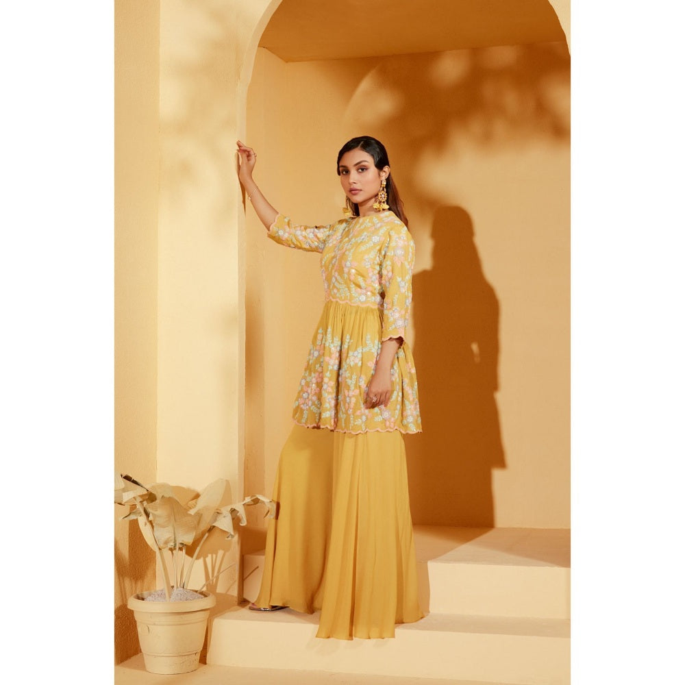 Suruchi Parakh Womens Yellow Embellished Peplum Top and Palazzo (Set of 2)