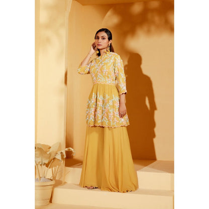 Suruchi Parakh Womens Yellow Embellished Peplum Top and Palazzo (Set of 2)
