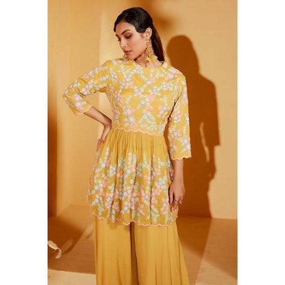 Suruchi Parakh Womens Yellow Embellished Peplum Top and Palazzo (Set of 2)