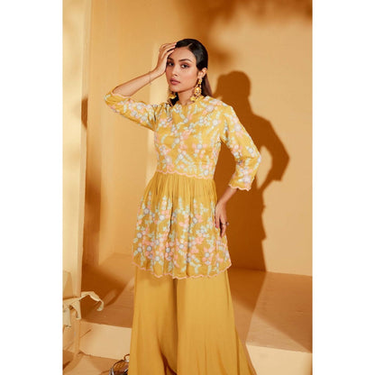 Suruchi Parakh Womens Yellow Embellished Peplum Top and Palazzo (Set of 2)