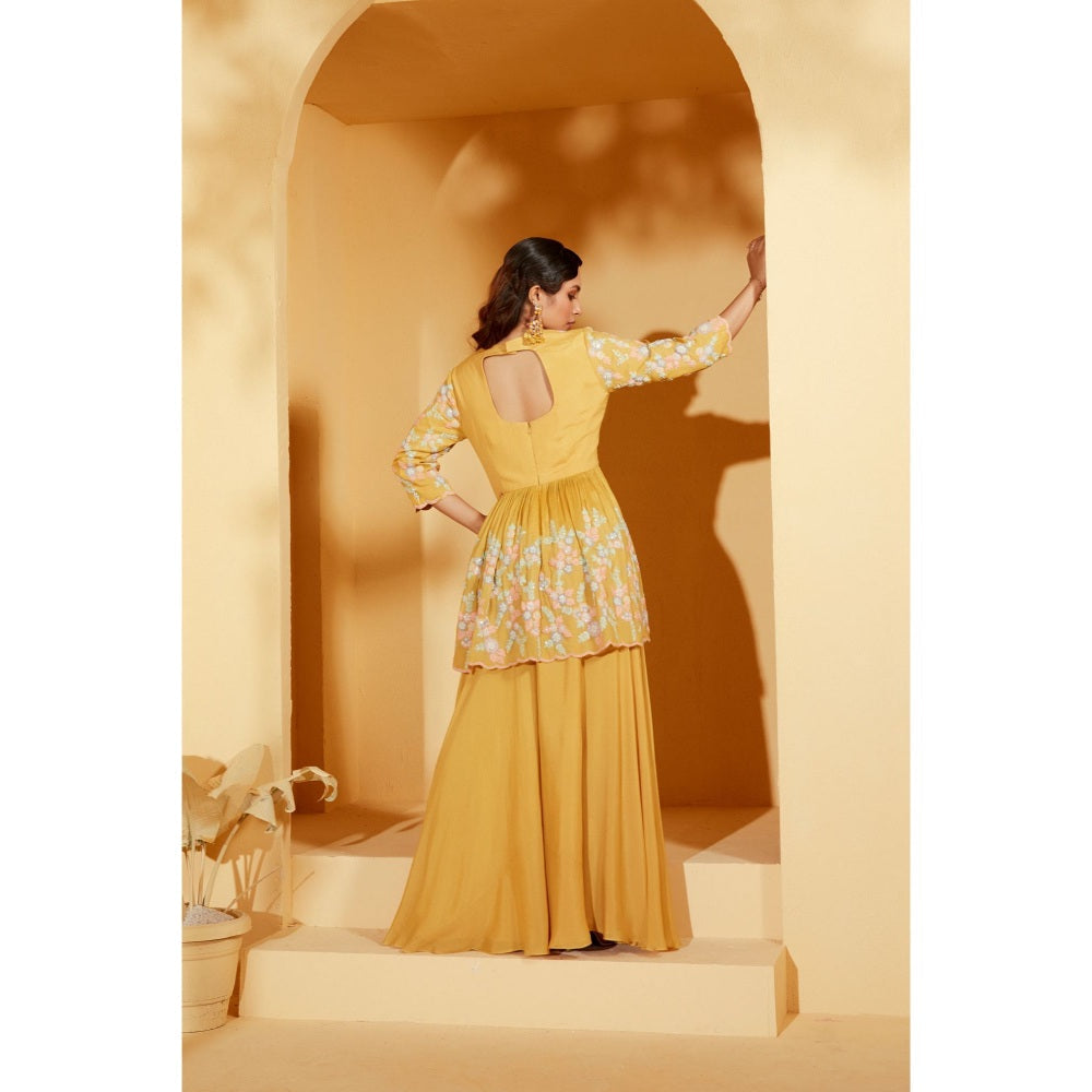 Suruchi Parakh Womens Yellow Embellished Peplum Top and Palazzo (Set of 2)