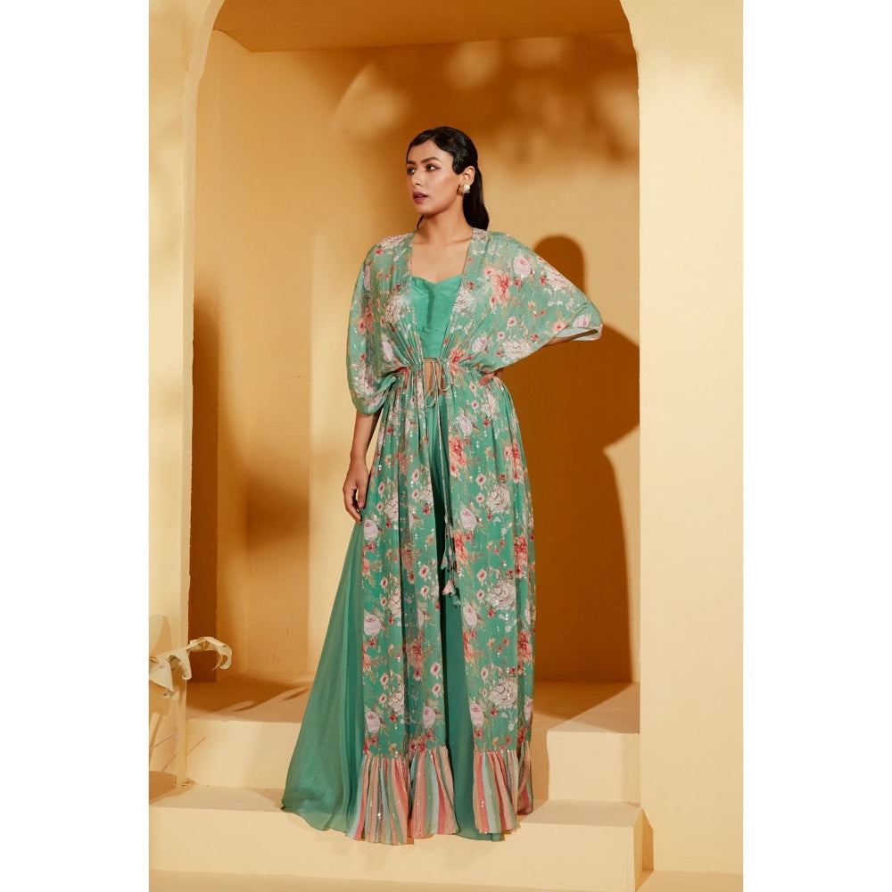 Suruchi Parakh Womens Turquoise Floral Print Jacket with Bustier and Palazzo (Set of 3)