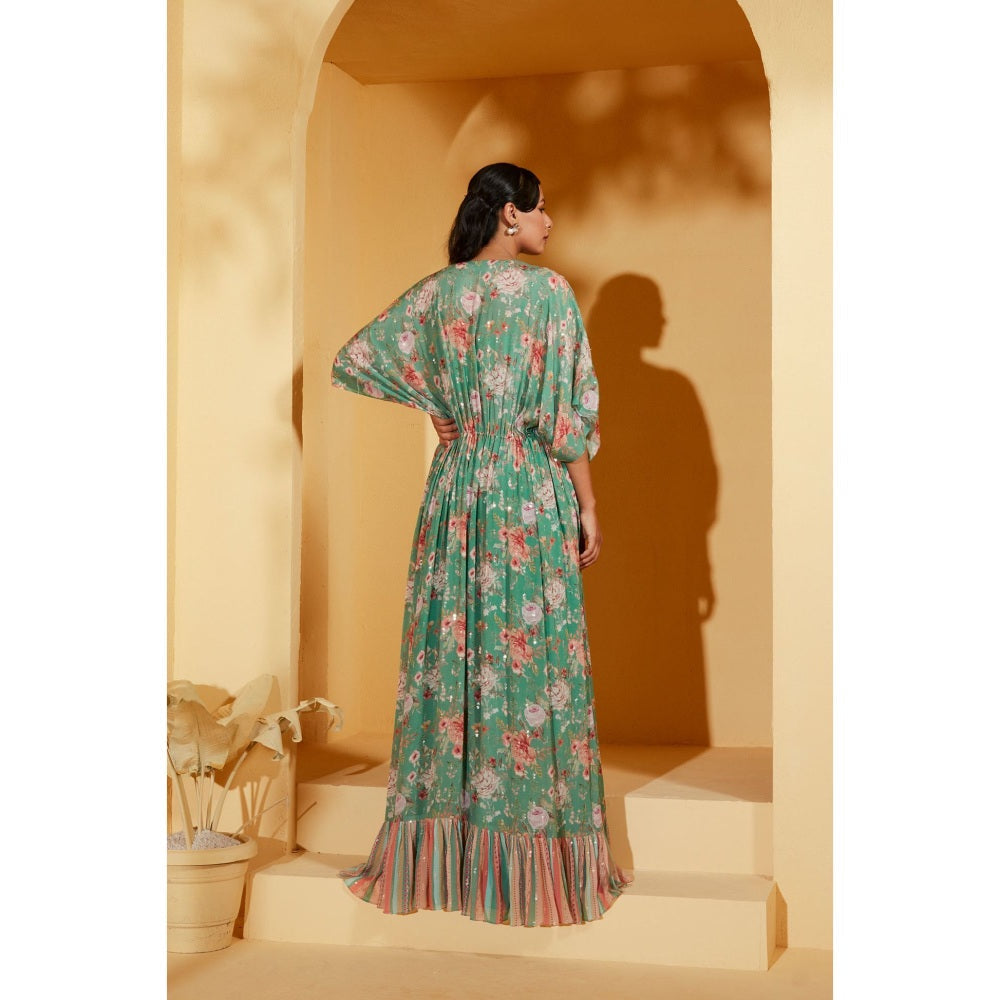 Suruchi Parakh Womens Turquoise Floral Print Jacket with Bustier and Palazzo (Set of 3)