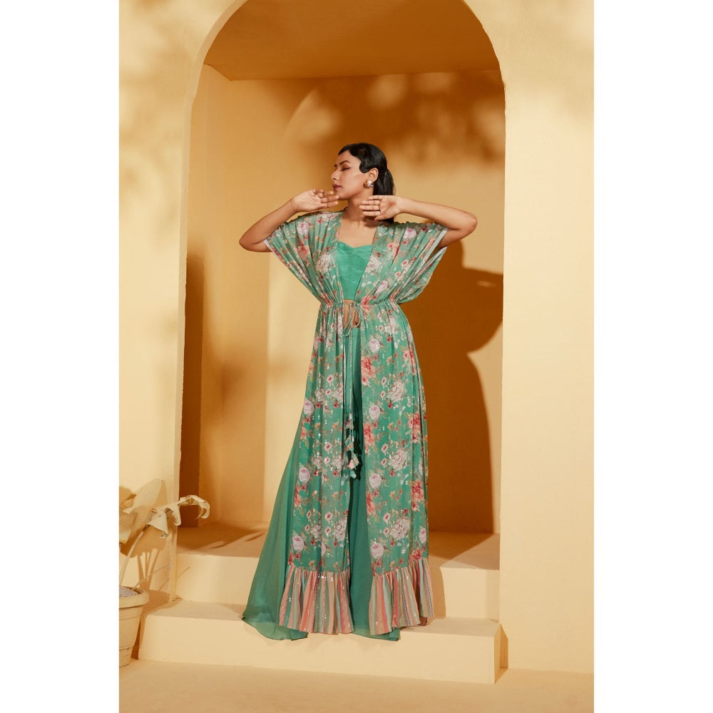 Suruchi Parakh Womens Turquoise Floral Print Jacket with Bustier and Palazzo (Set of 3)