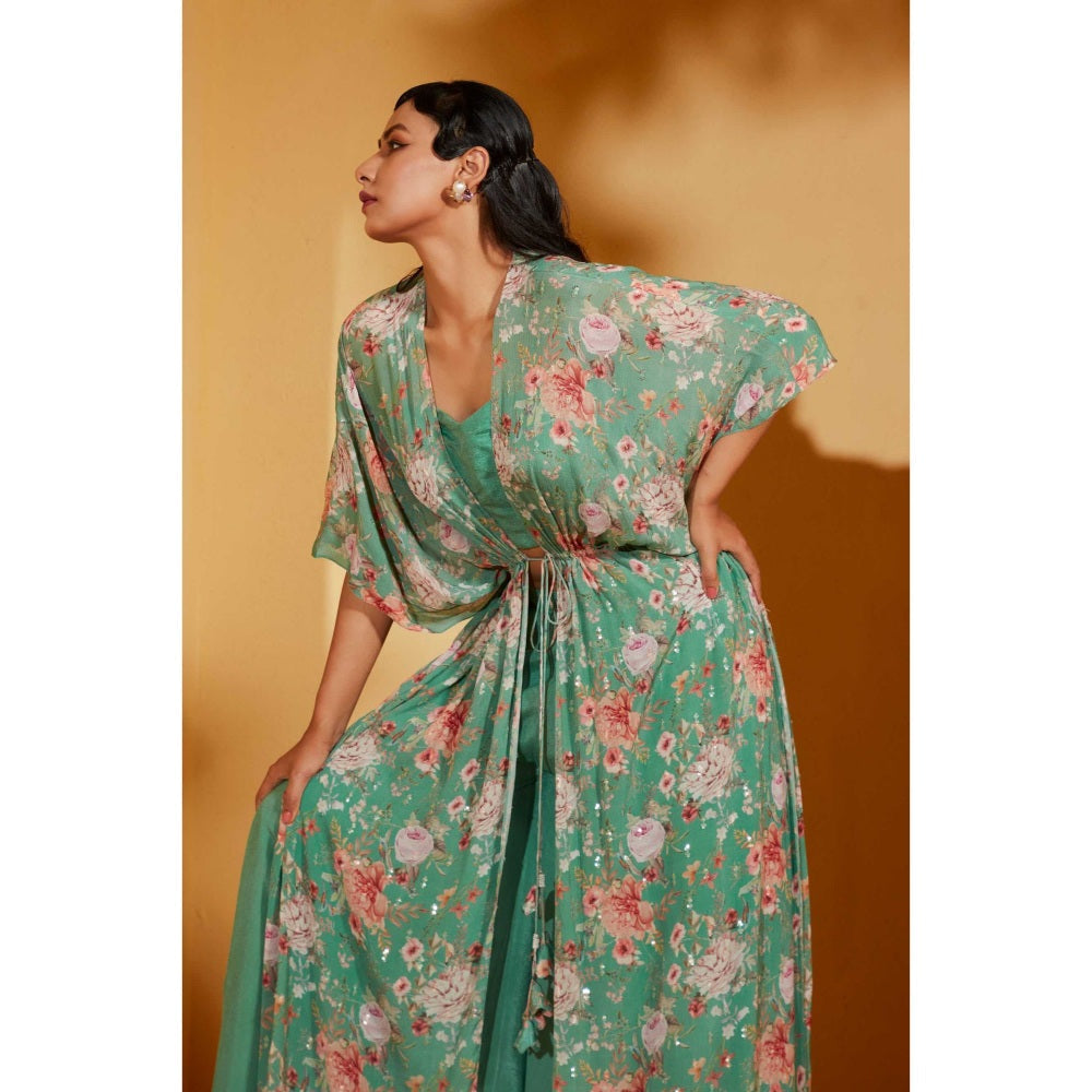 Suruchi Parakh Womens Turquoise Floral Print Jacket with Bustier and Palazzo (Set of 3)