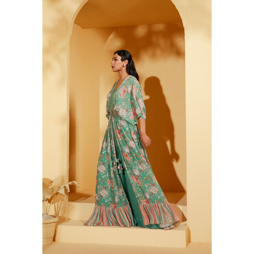 Suruchi Parakh Womens Turquoise Floral Print Jacket with Bustier and Palazzo (Set of 3)