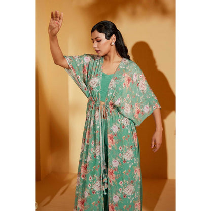 Suruchi Parakh Womens Turquoise Floral Print Jacket with Bustier and Palazzo (Set of 3)