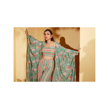 Suruchi Parakh Womens Floral Print Jacket with Bustier and Palazzo (Set of 3)