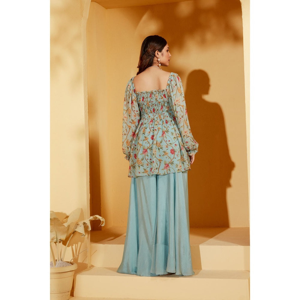 Suruchi Parakh Womens Blue Floral Print Peplum Top and Palazzo (Set of 2)