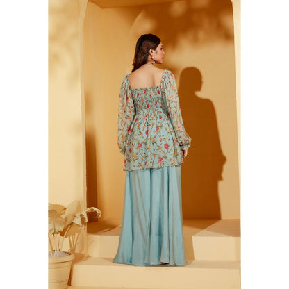 Suruchi Parakh Womens Blue Floral Print Peplum Top and Palazzo (Set of 2)