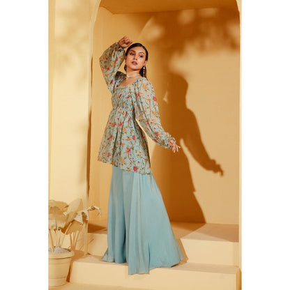 Suruchi Parakh Womens Blue Floral Print Peplum Top and Palazzo (Set of 2)