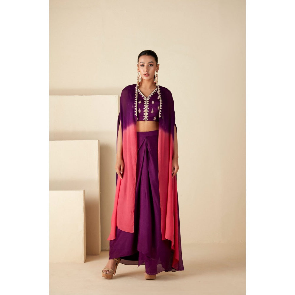 Suruchi Parakh Womens Mirror Work Purple Top and Skirt with Cape (Set of 3)