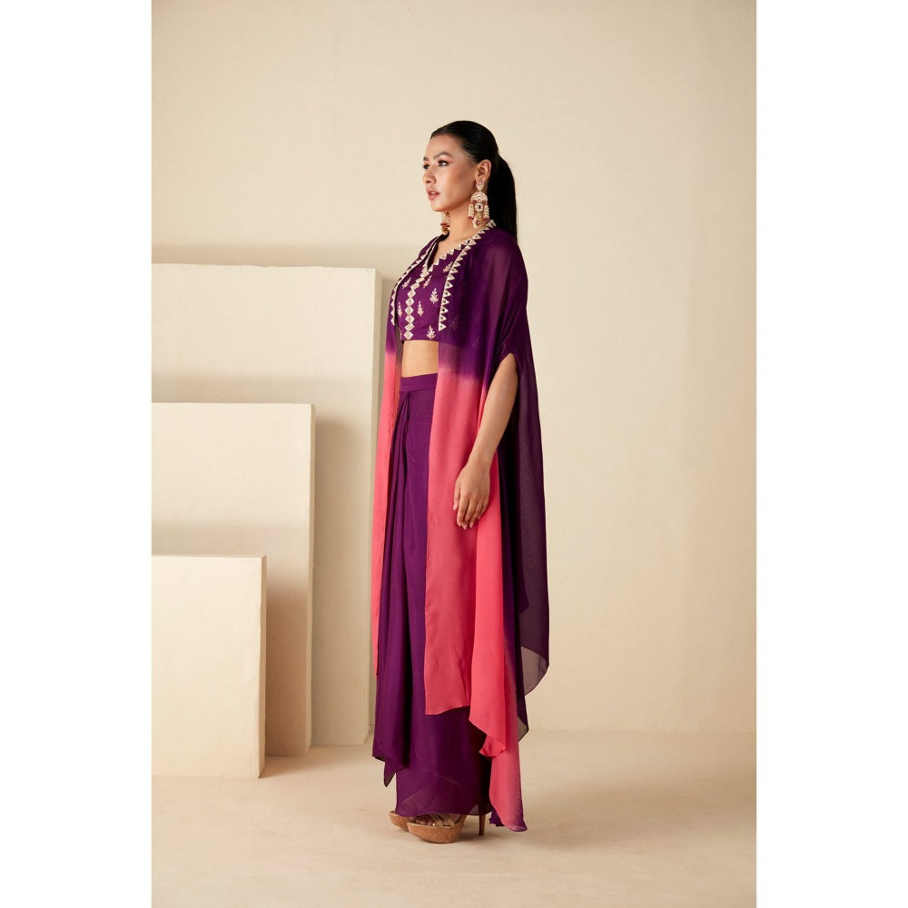 Suruchi Parakh Womens Mirror Work Purple Top and Skirt with Cape (Set of 3)