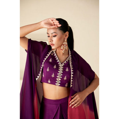 Suruchi Parakh Womens Mirror Work Purple Top and Skirt with Cape (Set of 3)