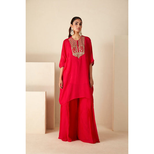 Suruchi Parakh Womens Red Embellished Kaftan with Inner and Palazzo (Set of 3)