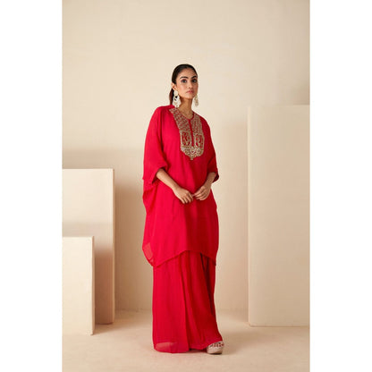 Suruchi Parakh Womens Red Embellished Kaftan with Inner and Palazzo (Set of 3)