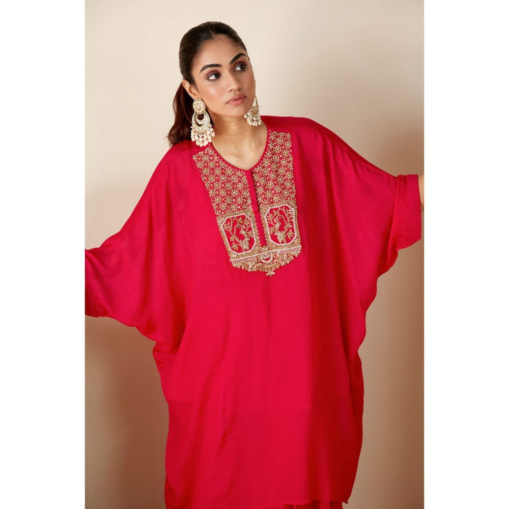 Suruchi Parakh Womens Red Embellished Kaftan with Inner and Palazzo (Set of 3)