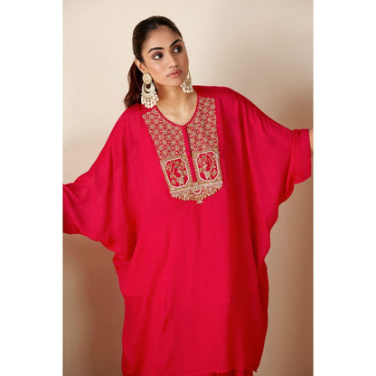 Suruchi Parakh Womens Red Embellished Kaftan with Inner and Palazzo (Set of 3)