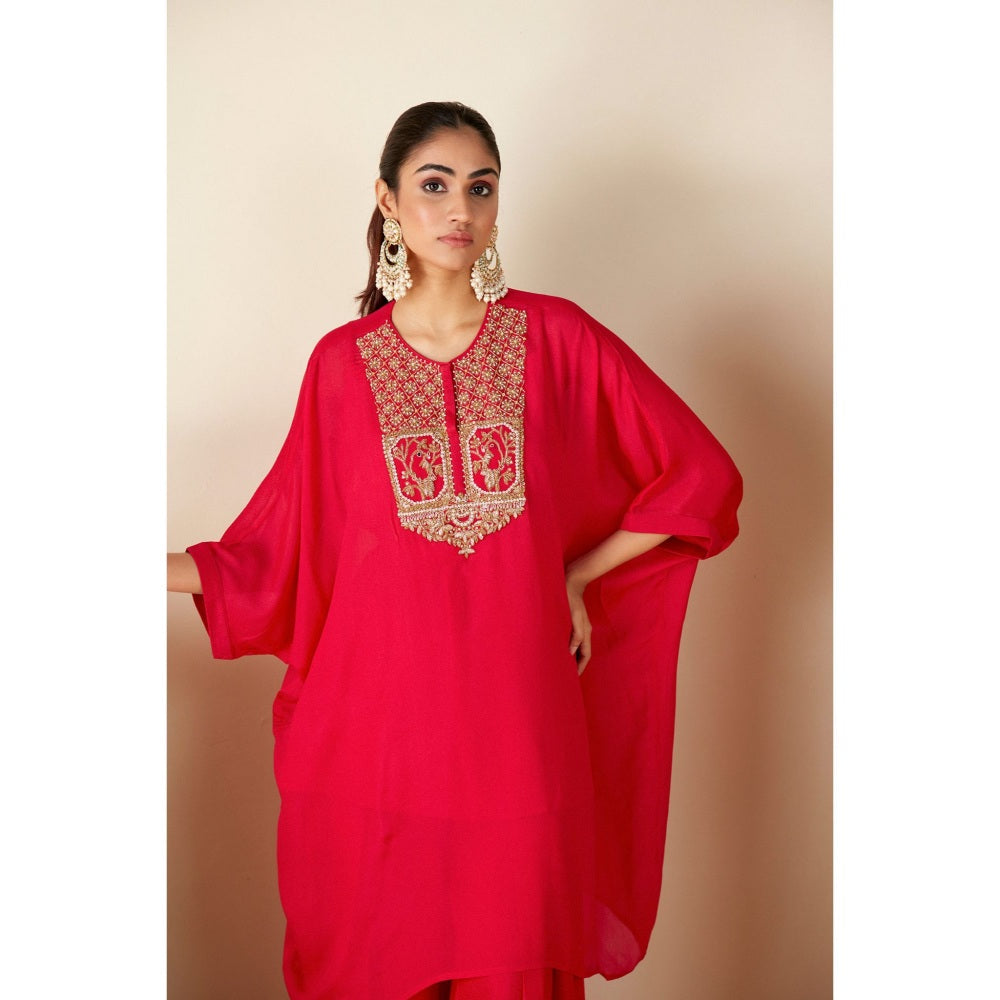 Suruchi Parakh Womens Red Embellished Kaftan with Inner and Palazzo (Set of 3)