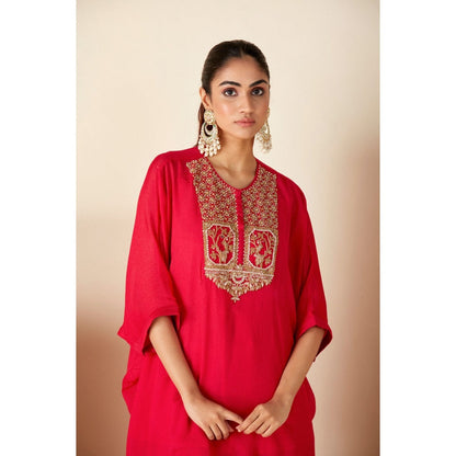 Suruchi Parakh Womens Red Embellished Kaftan with Inner and Palazzo (Set of 3)