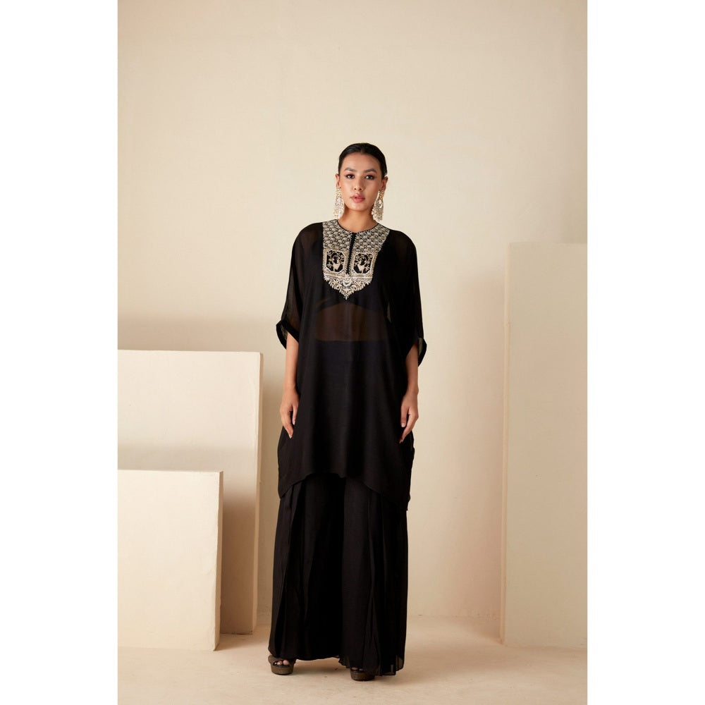 Suruchi Parakh Womens Black Embellished Kaftan with Inner and Palazzo (Set of 3)