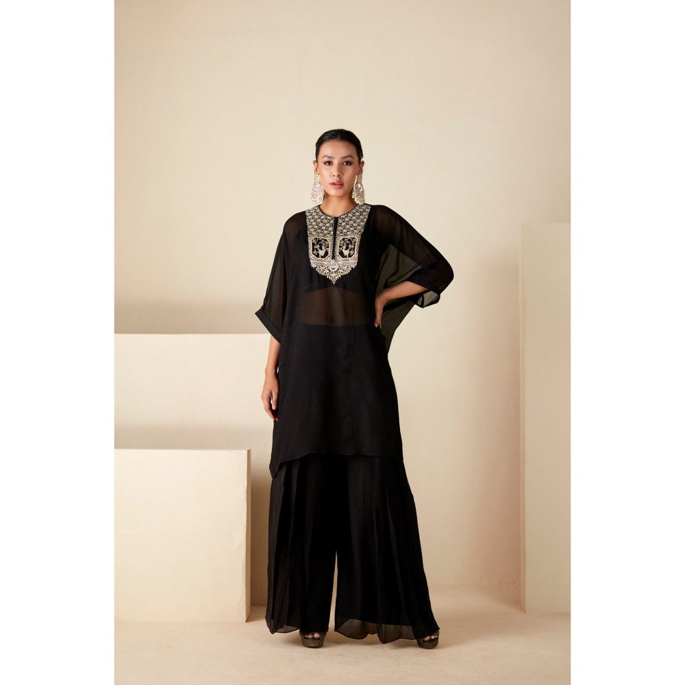 Suruchi Parakh Womens Black Embellished Kaftan with Inner and Palazzo (Set of 3)