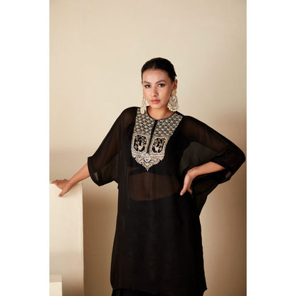 Suruchi Parakh Womens Black Embellished Kaftan with Inner and Palazzo (Set of 3)