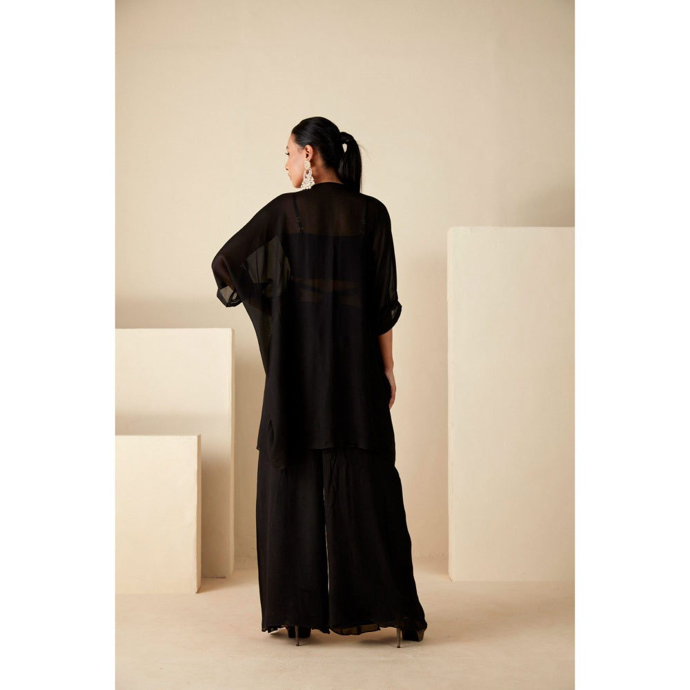 Suruchi Parakh Womens Black Embellished Kaftan with Inner and Palazzo (Set of 3)