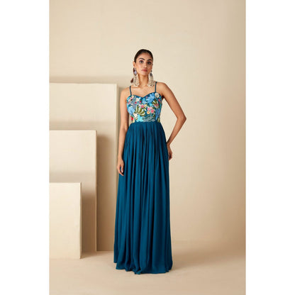 Suruchi Parakh Womens Teal Embroidered Maxi Dress